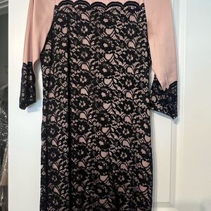 Elegant Lace Overlay Dress in Black and Pink